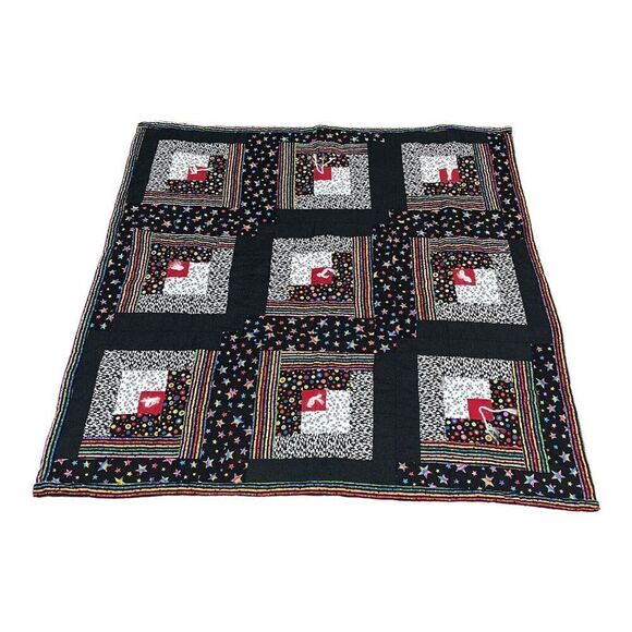 Small Square Quilt 43” Throw Blanket Handmade Stars Circles Geometric Black - Picture 1 of 5